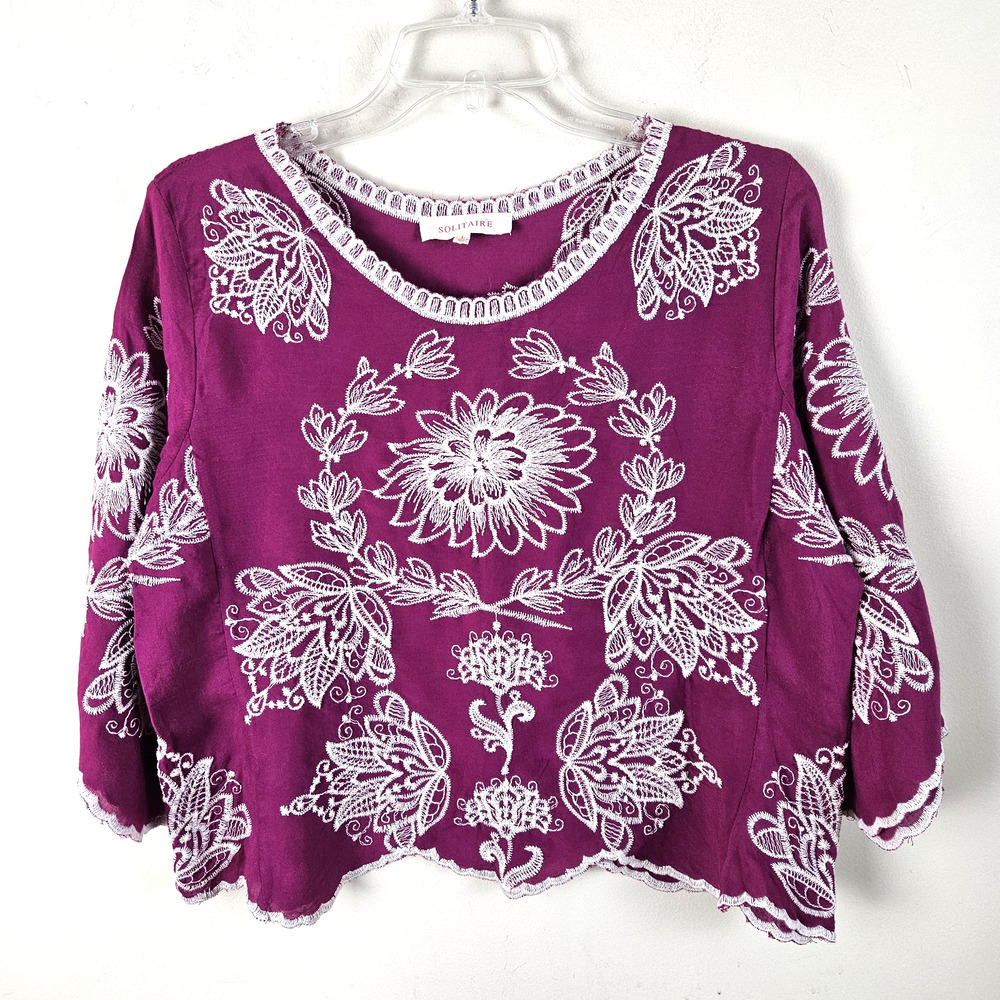 Solitaire Embroidered Top Women Large Magenta Scallop Boho Romantic tunic